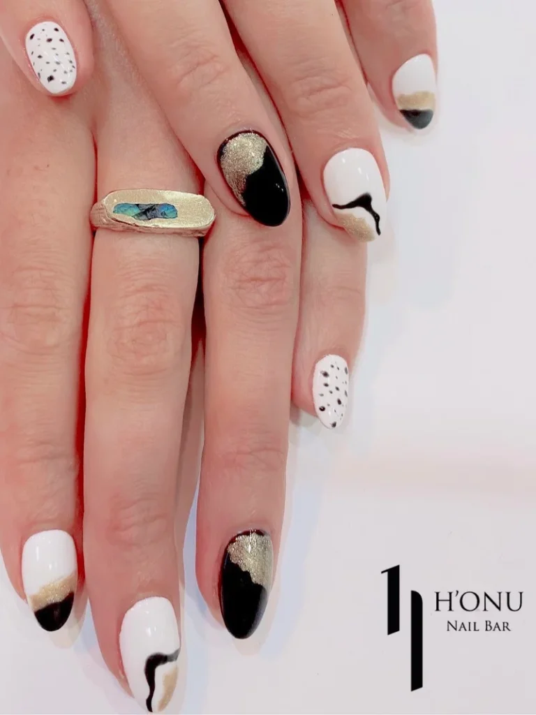 black and white abstract nail art design with gel manicure at honu nails