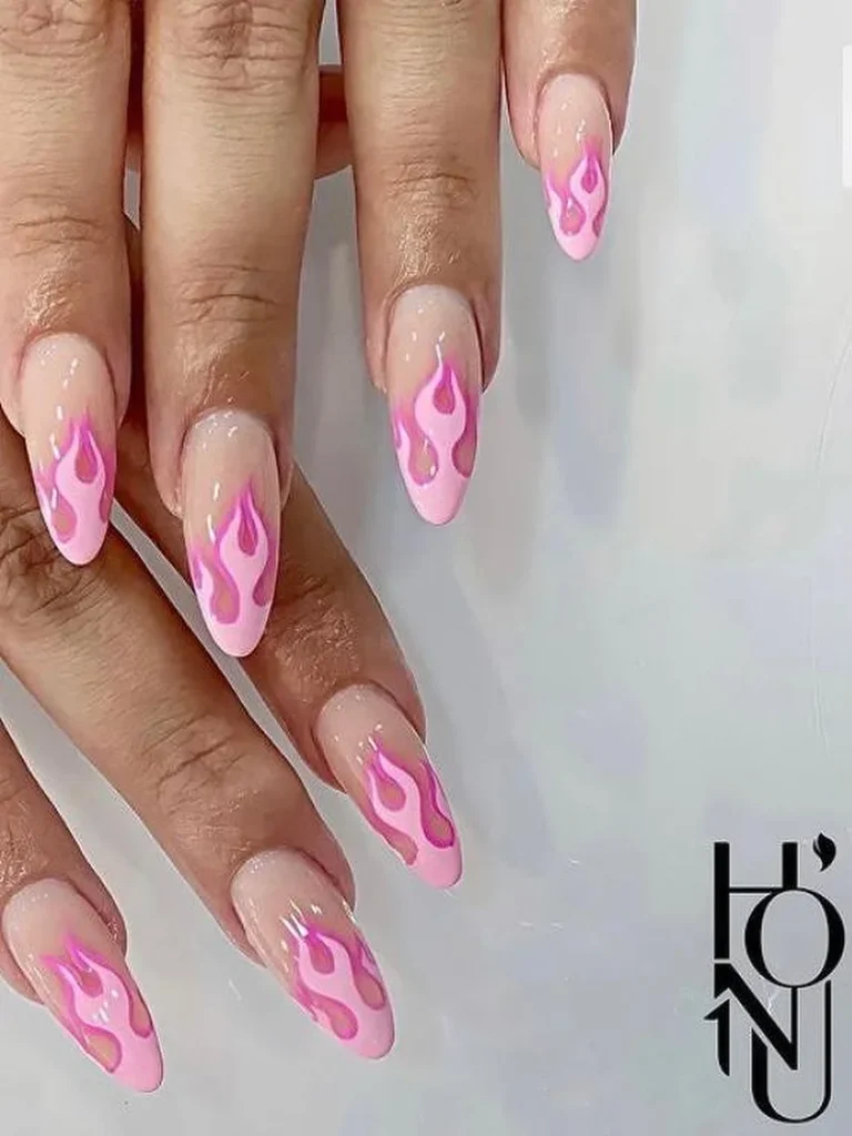 pink flame nails design with glossy gel manicure at honu nails