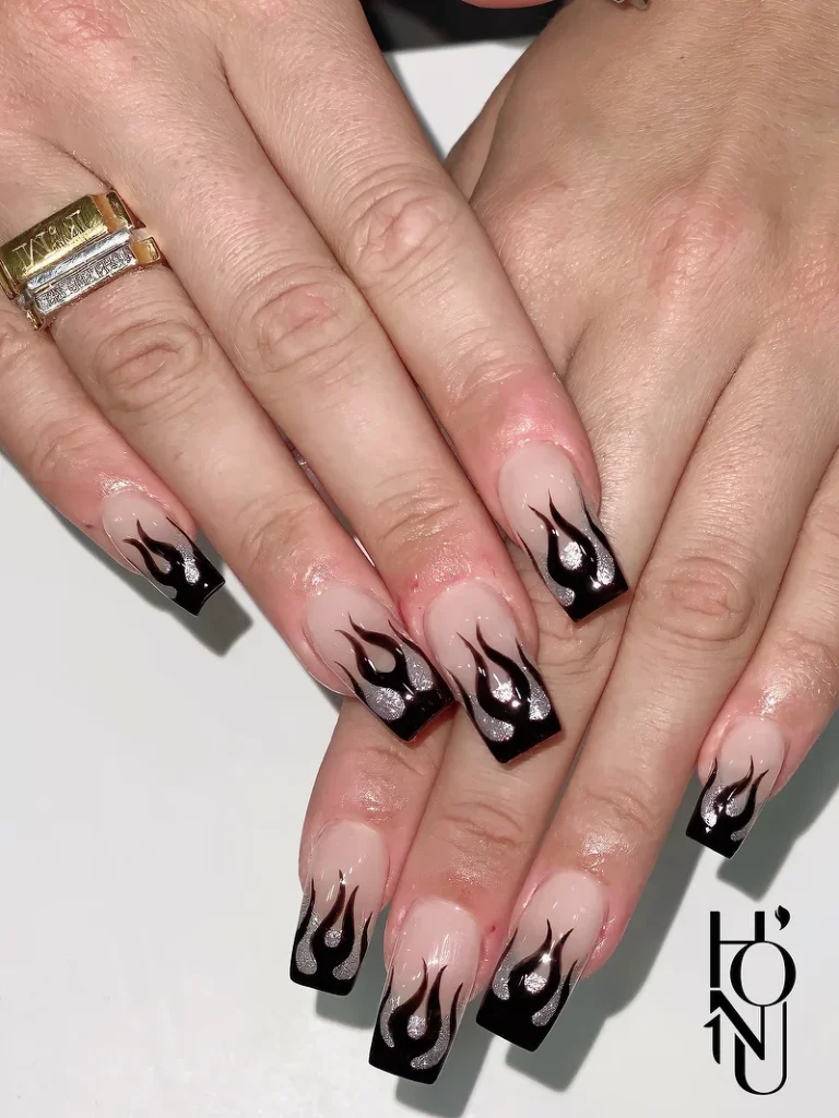 black flame nail art gel manicure design with glossy finish at honu nails