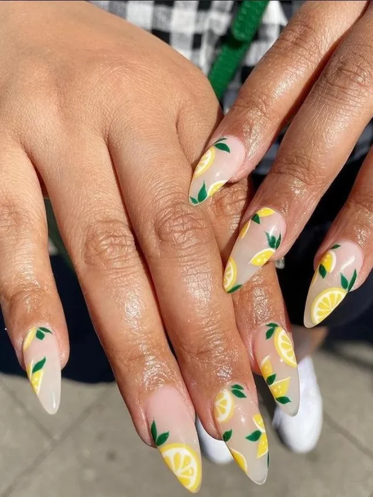 lemon nail art gel manicure design with summer fruit nails at honu nails