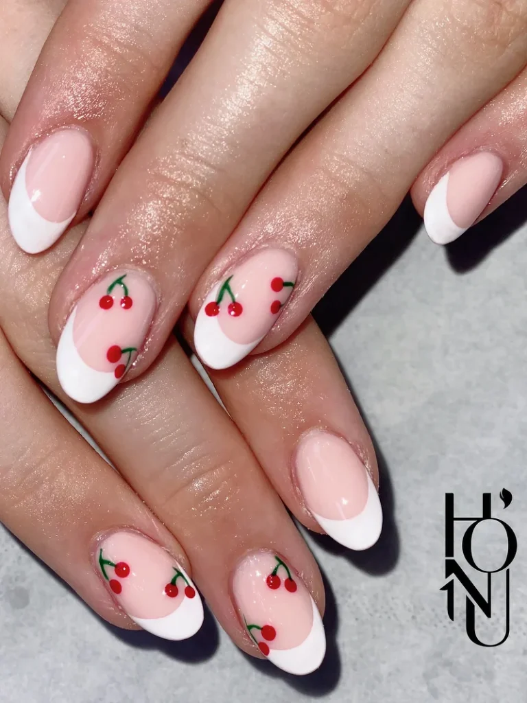 french tip nail art with cherry design gel manicure at honu nails