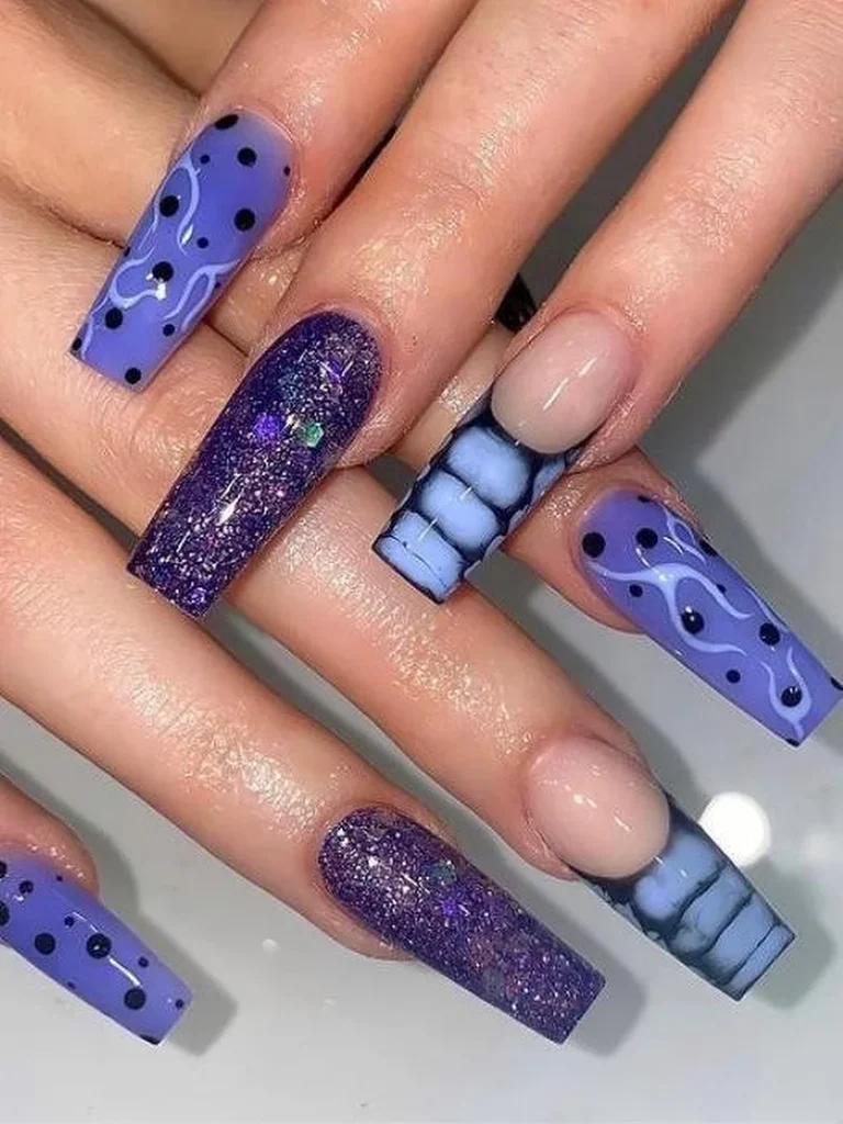 purple long nail art gel manicure design with glitter and abstract patterns at honu nails