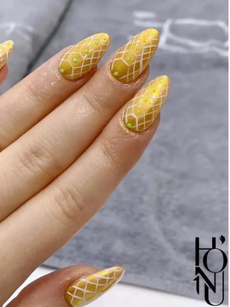 yellow nail art pattern gel manicure design with geometric lines at honu nails