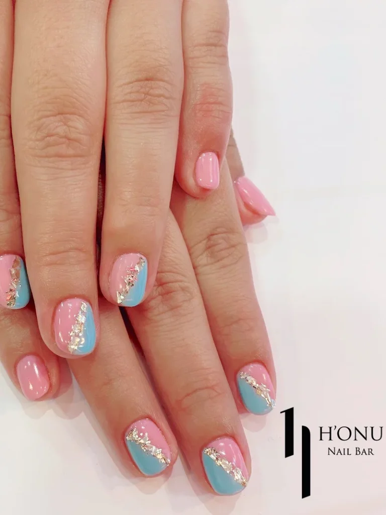 pastel nail design with gold foil gel manicure in pink and blue at honu nails