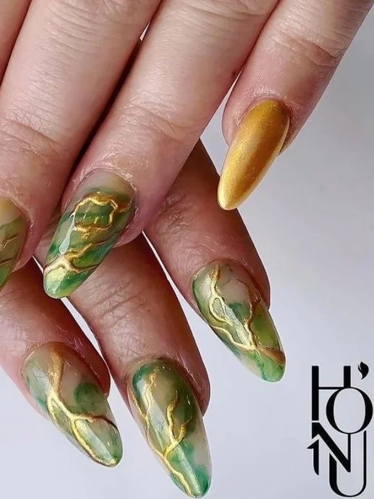 gold green marble nail art design with luxury gel manicure at honu nails