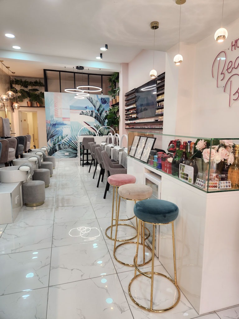 Luxury pedicure treatment in Hoxton London with comfortable chairs and modern beauty bar setup